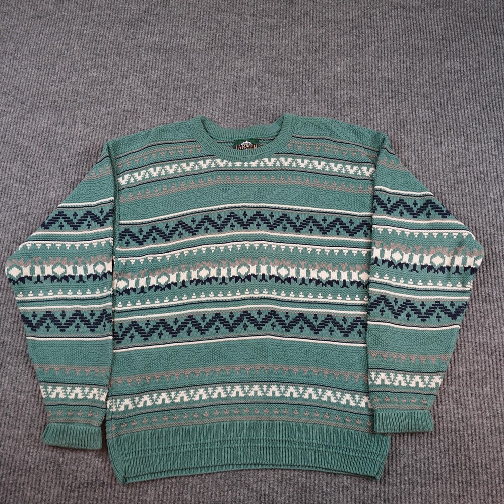 Vintage Jantzen Sweater Mens Medium Green Fair Isle Knit Crewneck Pullover